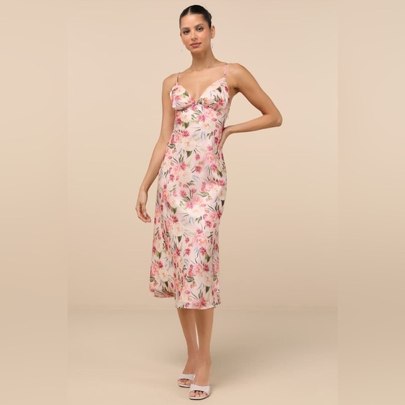 Lulus Dresses & Skirts - Lulus Alaia Blush Multi Floral Satin Backless Midi Dress Pink Size Medium NWT